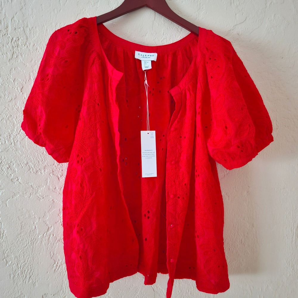 Calypso St Barth Blouse L Womens Red NEW Eyelet Puff Sleeve Button Front Boho